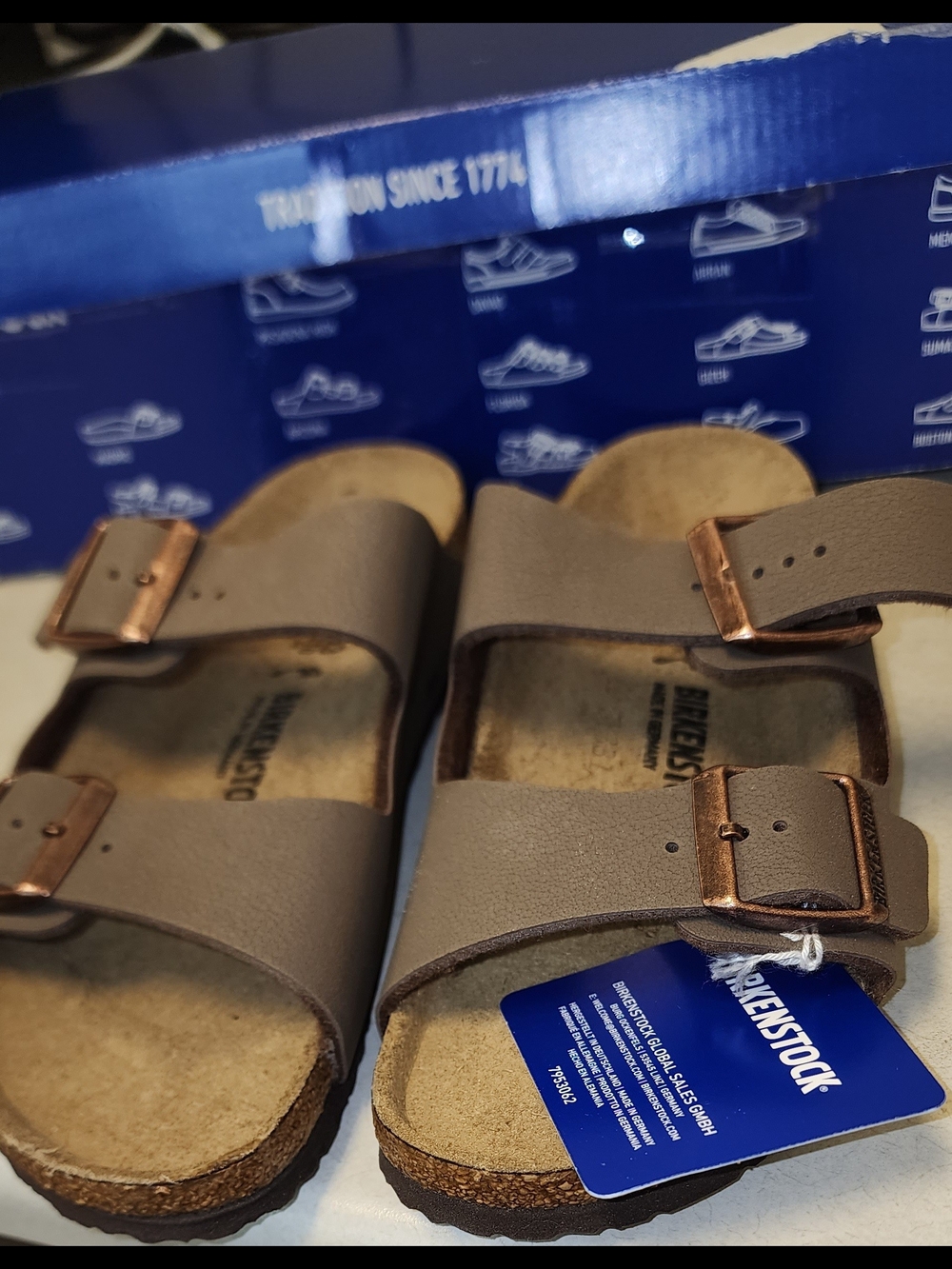 Birkenstock Kids Two-Strap Sandals in Taupe with Copper Buckles